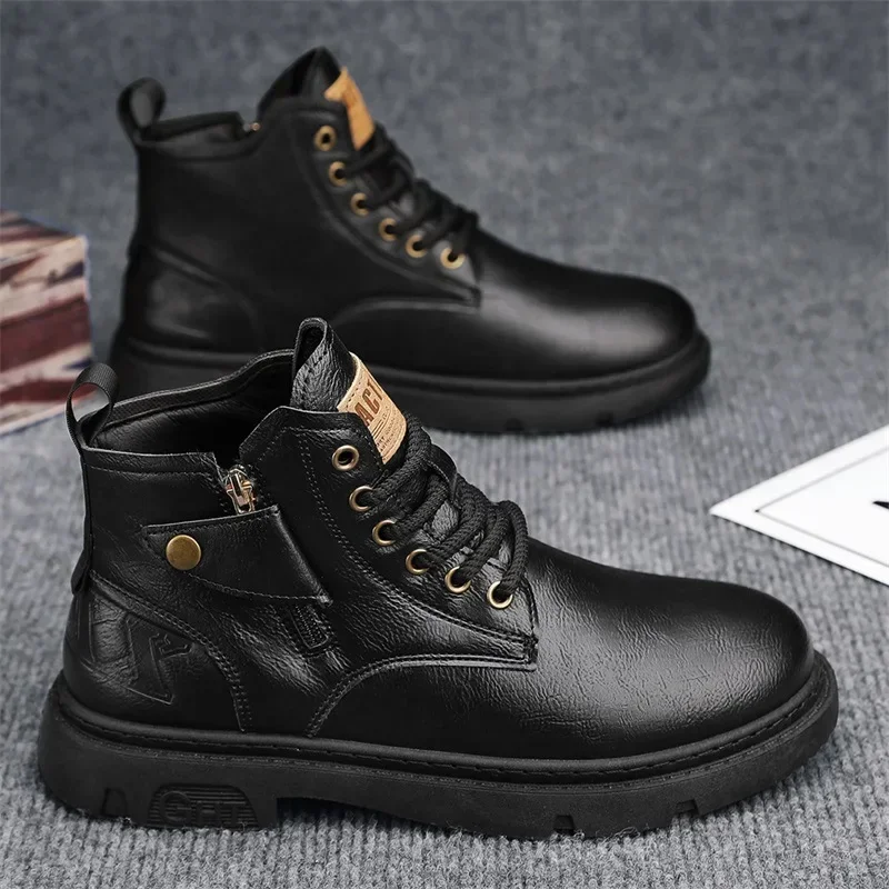 Men\'s Biker Boot Winter Outdoor Motorcycle Retro Style Leather Boots Man High Top Casual Shoes Trendy All-match Wear-resistant88