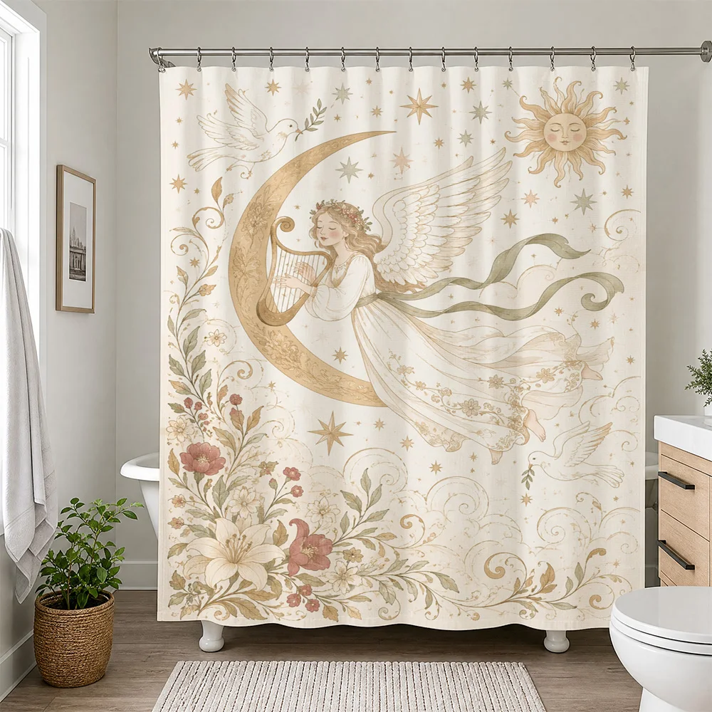 Bohemian Goddess Moon Angel Floral Shower Curtain Bathroom Decor Tapestry Watercolor Art