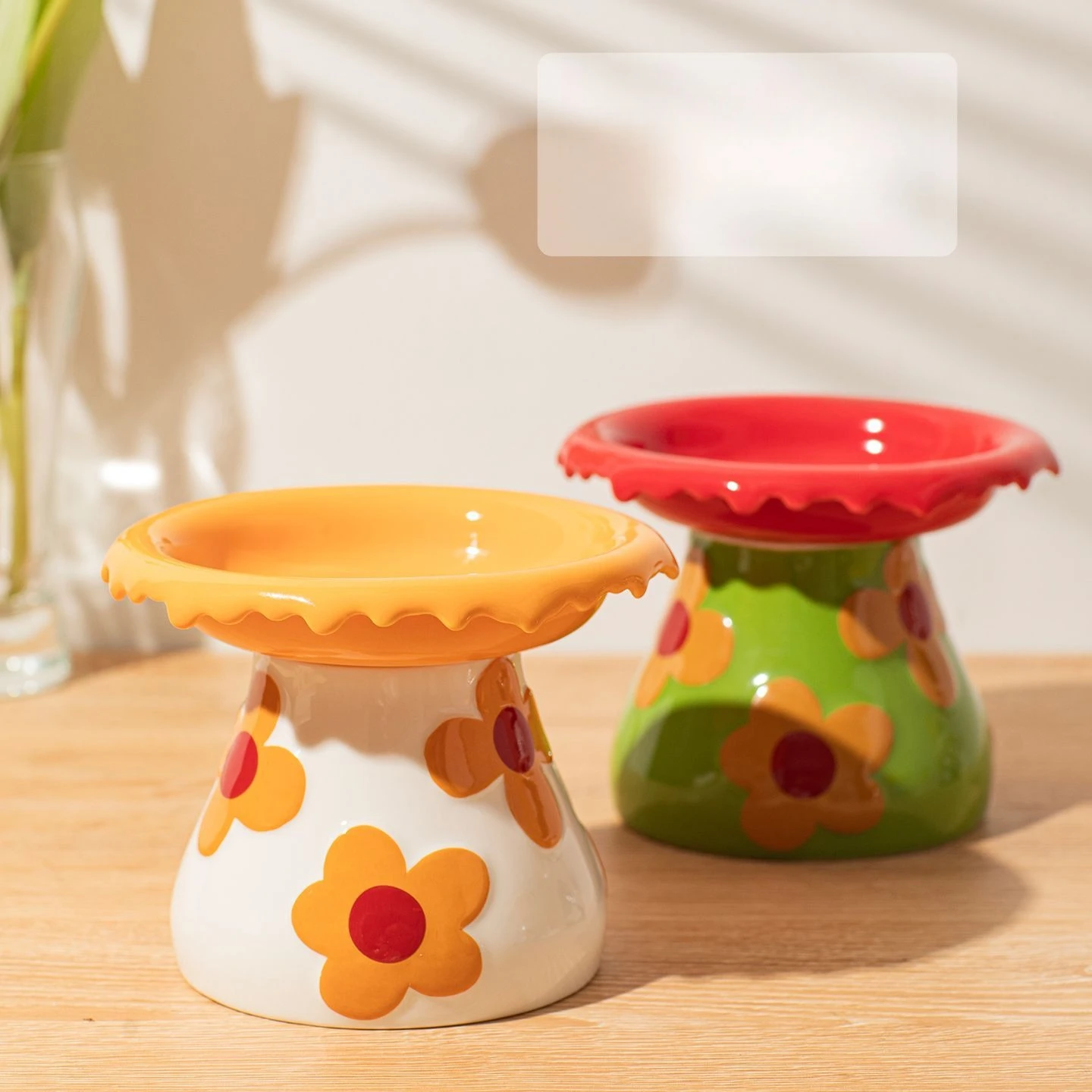 Creative Floral Ceramic Cat Dog Bowl,Raised Non-Slip Pet Feeder, Anti-Tip Wide Opening Prevents Black Chin, Easy Clean,Cute Gift