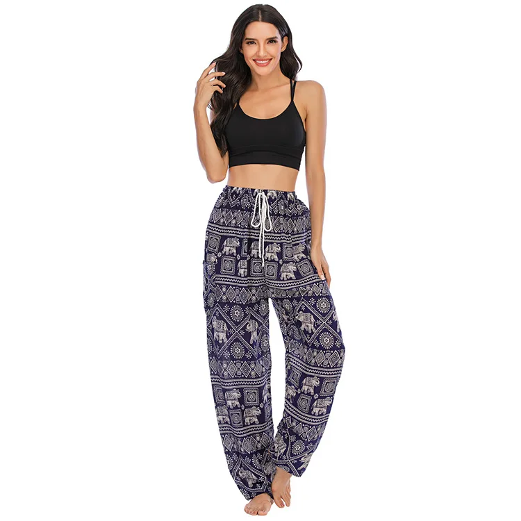Thai Style Elephant Print Silk Thin Yoga Pants Lantern Pants High Waist Casual Belted Pants Ladies Comfortable Summer Trousers