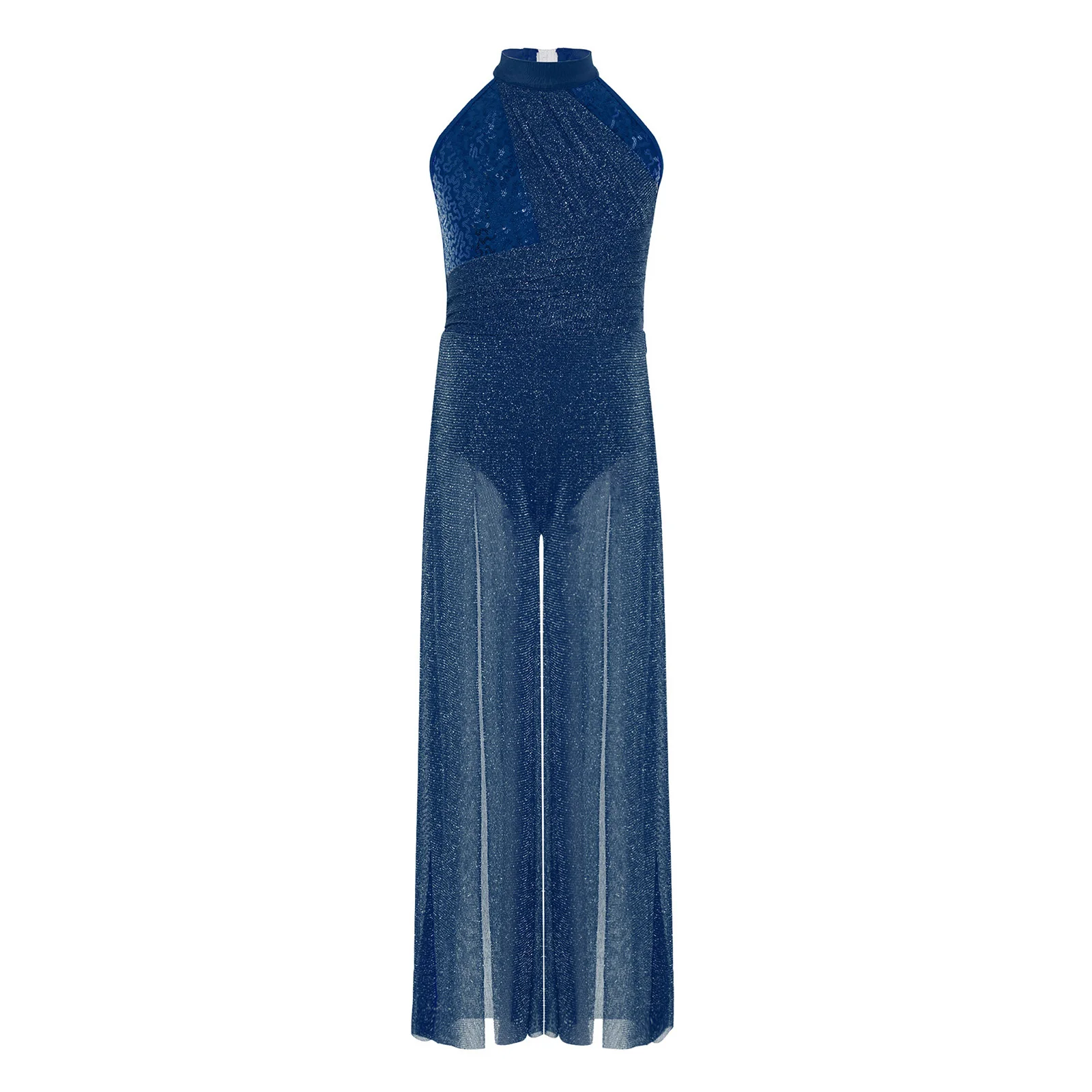 Children Girls Modern Lyrical Dance Jumpsuit Sleeveless Shiny Sequin Mesh Split Ballet Figure Skating Gymnastic Leotard Bodysuit