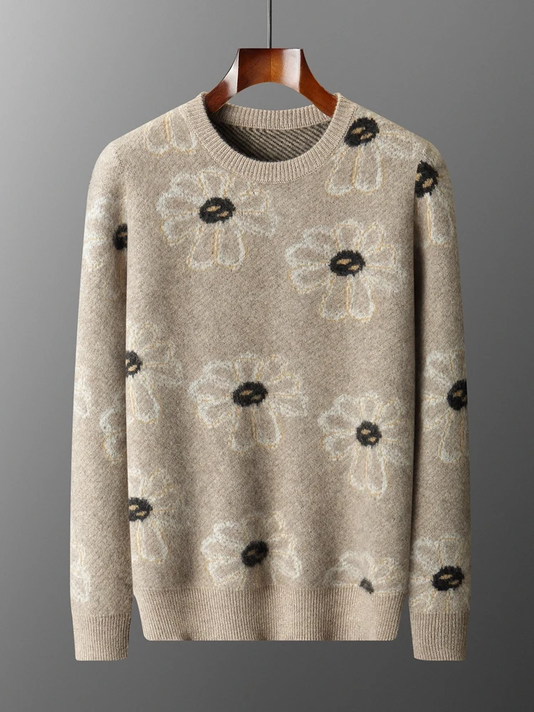

New Men's Sweater Pullover Basic 100% Cashmere Clothes Autumn Winter Sweater O-Neck Thick Warm Smart Casual Daisy Jacquard Tops