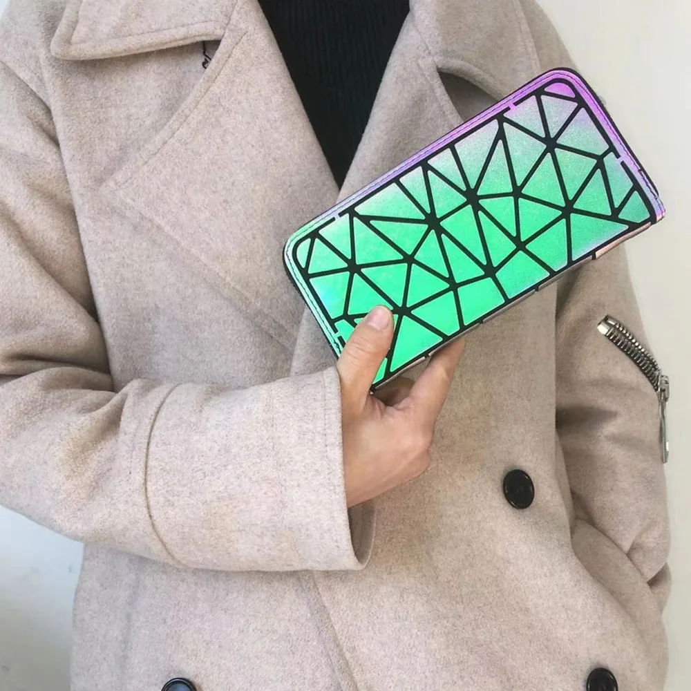Fashion Luminous long zipper wallet for women.Geometric rhombus cell phone wallet/multi-card credit card holder and coin purse