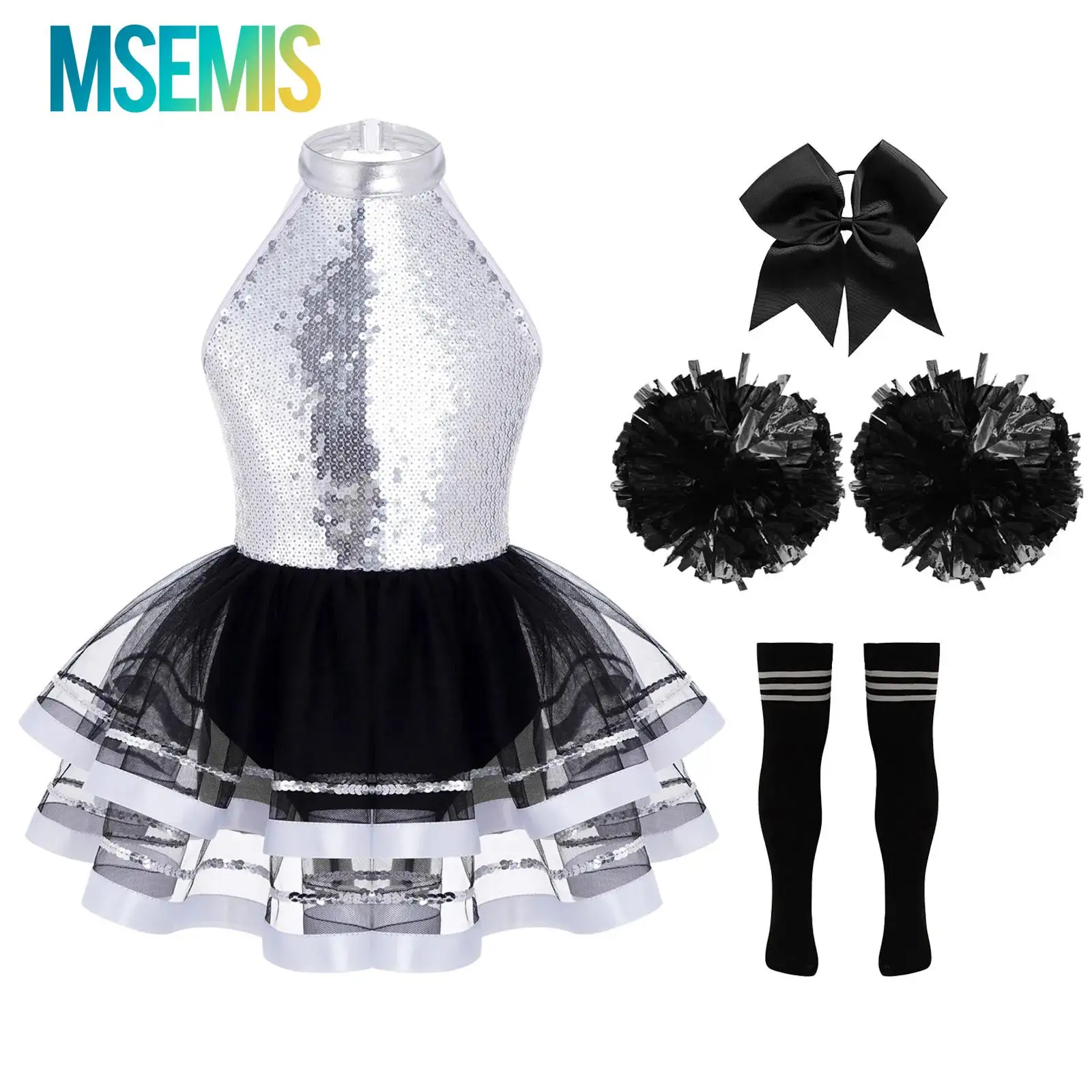 Kids Girls Cheerleading Dance Outfit Cheerleader Costume Sleeveless Halter Sparkling Sequins Backless Tulle Tutu Dress Dancewear