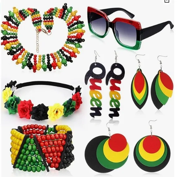 Festival Unisex Knit Braid Hat Jamaican Bob Rasta Beanie Hip Hop Cap Men Costume Retro Bracelet Necklace Clothing Glasses Set view 2