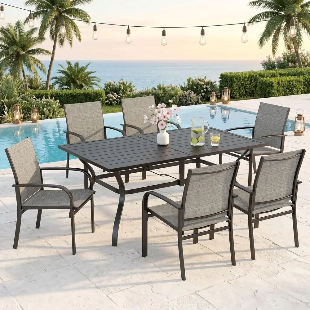 

7-Piece Outdoor Dining Set: Metal Table with Umbrella Hole, 6 Brown Chairs for Patio, Lawn, Deck