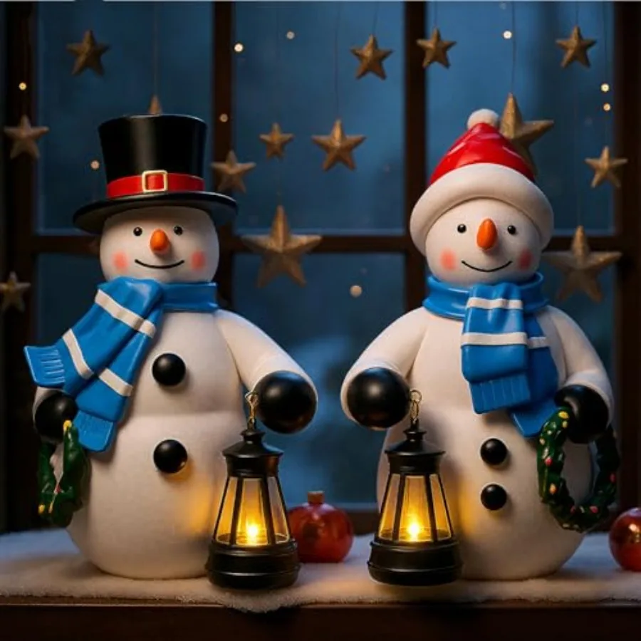 

2 Pack Solar Statue Winter Decoration 9.4 Inch Resin Garden Winter Statue with Lantern Lights Outside Figurine for Pathway Cour