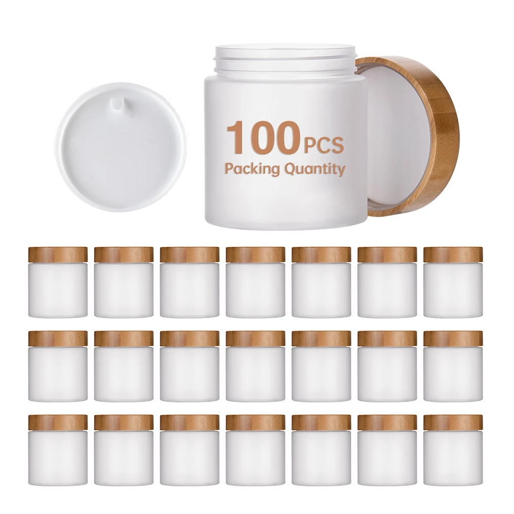 

100pcs Empty Makeup Jar Pot 8oz 250ml Frosted Amber Clear Plastic Cosmetic Lip Balm Body Butter Cream Bottle with Bamboo Lid