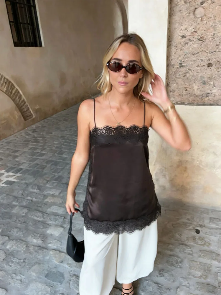 HH Damen Sexy Sommerfleck Solide Braune Spitze Sling Top Ärmelloses Korsett Cropped Tops Mode Schlankes Trägerloses Hemd Outfits