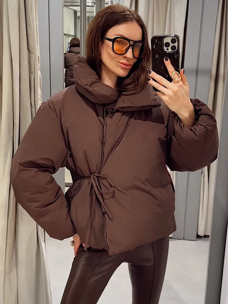 

HH Women Cotton Clothes Single-Breasted Lace-Up Brown Short Jacket Winter Woman Casual High Collar Long Sleeve Fashion Coat