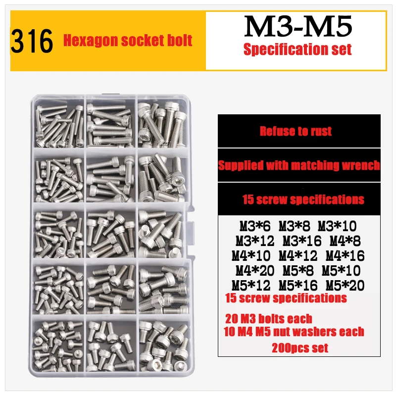 M3 M4 M5 Specification Set Comes With Matching Wrench 316 Stainless Steel Hexagon Hex Socket Cap Allen Head Bolt Screw DIN912