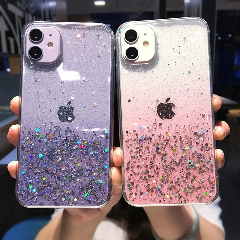 Clear Glitter Phone Case For iPhone 16 14 15 13 12 Pro 11 Pro Max XS Max XR X Mini SE 2020 Cute Gradient Sequins Cover