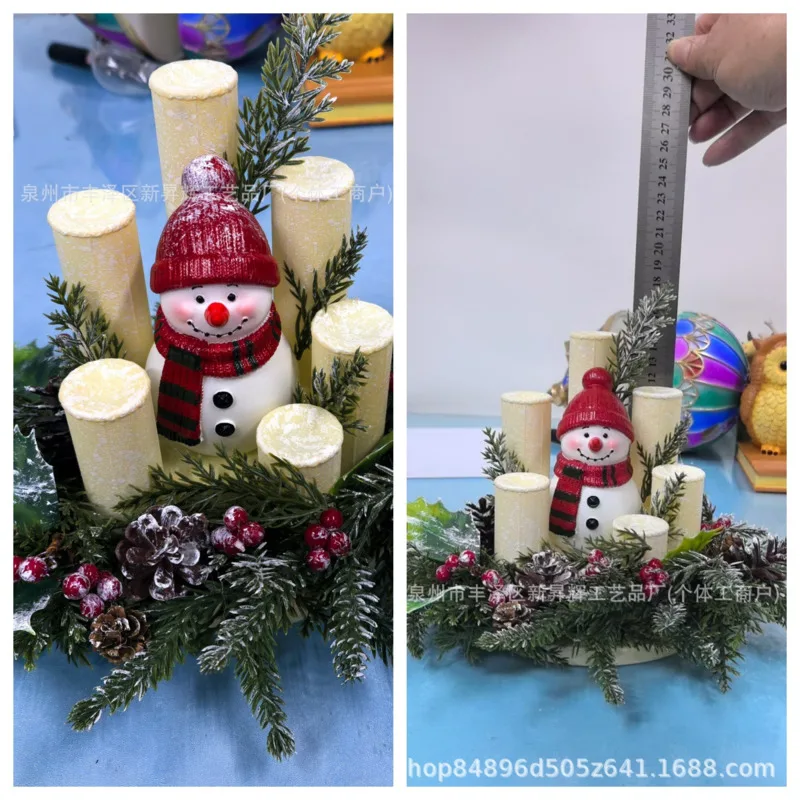 30cm Lighted Christmas Snowman Centerpiece, Artificial Pine Cone Berry Wreath, Table Decoration Xmas Home Party, Ornament Gift