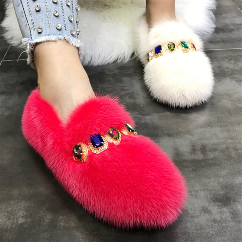 Red Women Flat Fur Shoes Crystal Decor Casual Loafers Winter Warm Mink Fur Espadrilles Ladies Walking Driving Zapatos Mujer