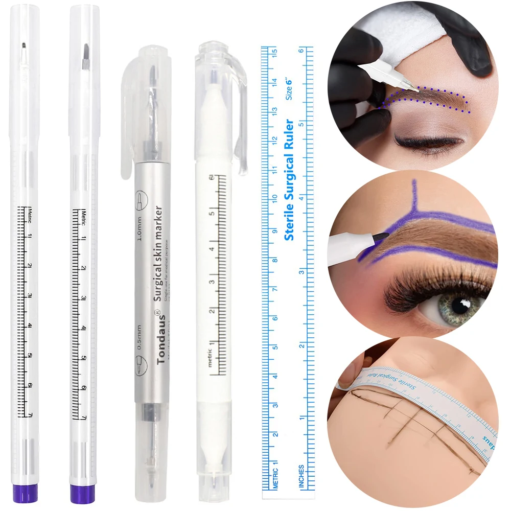 

1set Tattoo Skin Marker Pen with Paper Ruler Surgical Skin Marker Eyebrow Pen Fixed Point Microblading Supplies Permanent Makeup