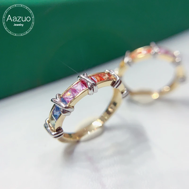 

Ювелирные изделия Aazuo из 18-каратного желтого золота с натуральными сапфирами и настоящими бриллиантами, кольца с радужными линиями для девочек и женщин, для торжественных банкетов и вечеринок
