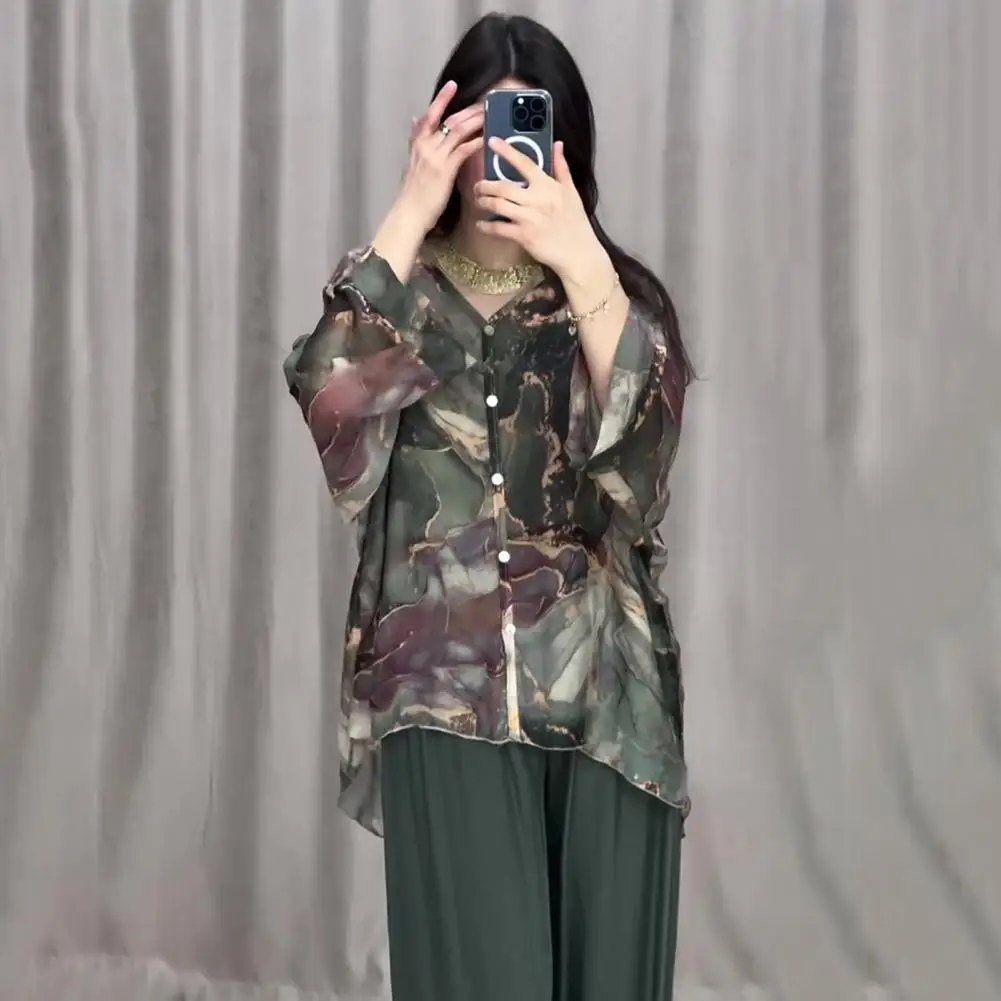 2 Pcs/Set Vintage Women Shirt Top Pants Set Marble Print Single-breasted Blouse Wide Leg Pleated Loose Two Pieces Sets