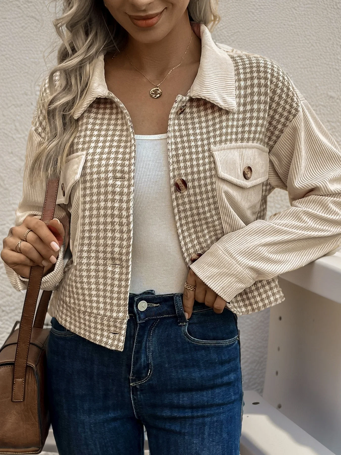 Women Houndstooth Patchwork Corduroy Cropped Jacket Lapel Long Sleeve Button Down Casual Shacket