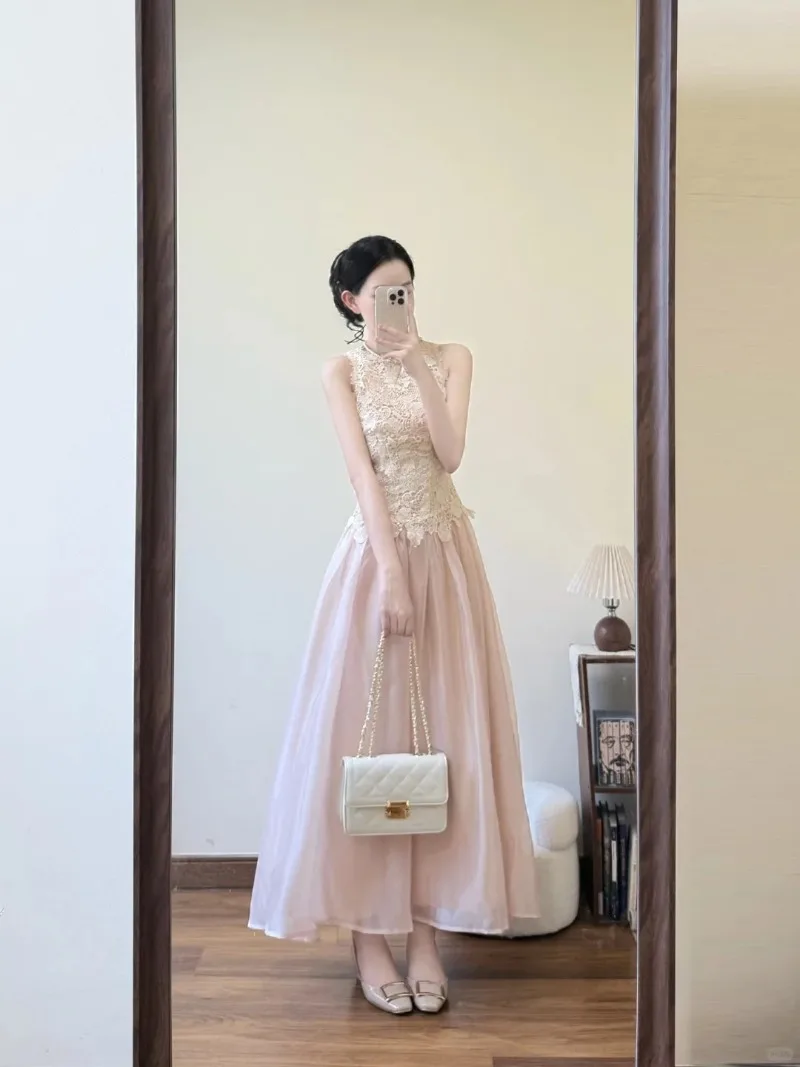 

Новое летнее французское роскошное модное платье для женщин, элегантное, без рукавов, с круглым вырезом, с кружевными вставками, приталенное, для вечеринок, Vestidos