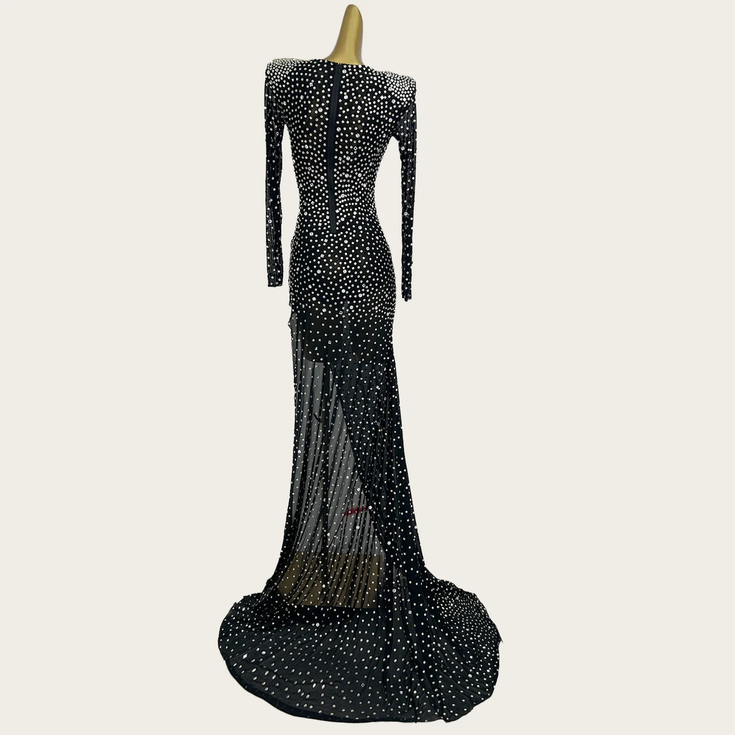 فستان أسود طويل من حجر الراين اللامع بقماش شفاف وفتحات جانبية عالية للحفلات الراقصة والسجادة الحمراء ثوب مسائي رسمي لحفلات أعياد الميلاد Heihai #1