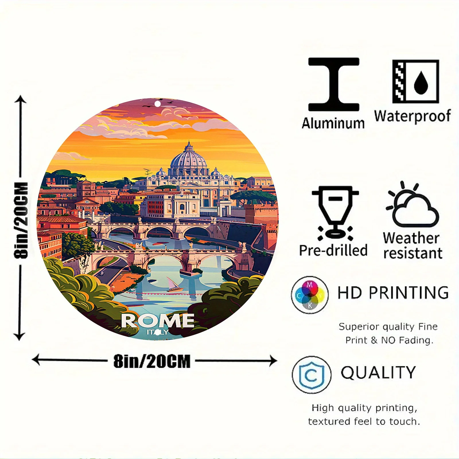 1pc Vintage Rome Cityscape 2D Printed Aluminum Metal Sign, 8x8 Inch (20x20cm), Round Carved Wall Art, UV & Scratch Resistant, An