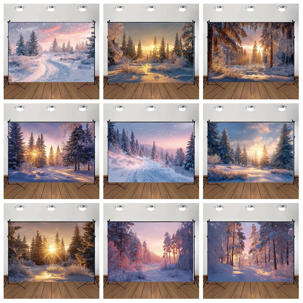 

MOON.QG Snowy Pine Forests Photo Background Sunrise Path Christmas Backdrop Studio Family Wallpaper Party Decorations Shooting