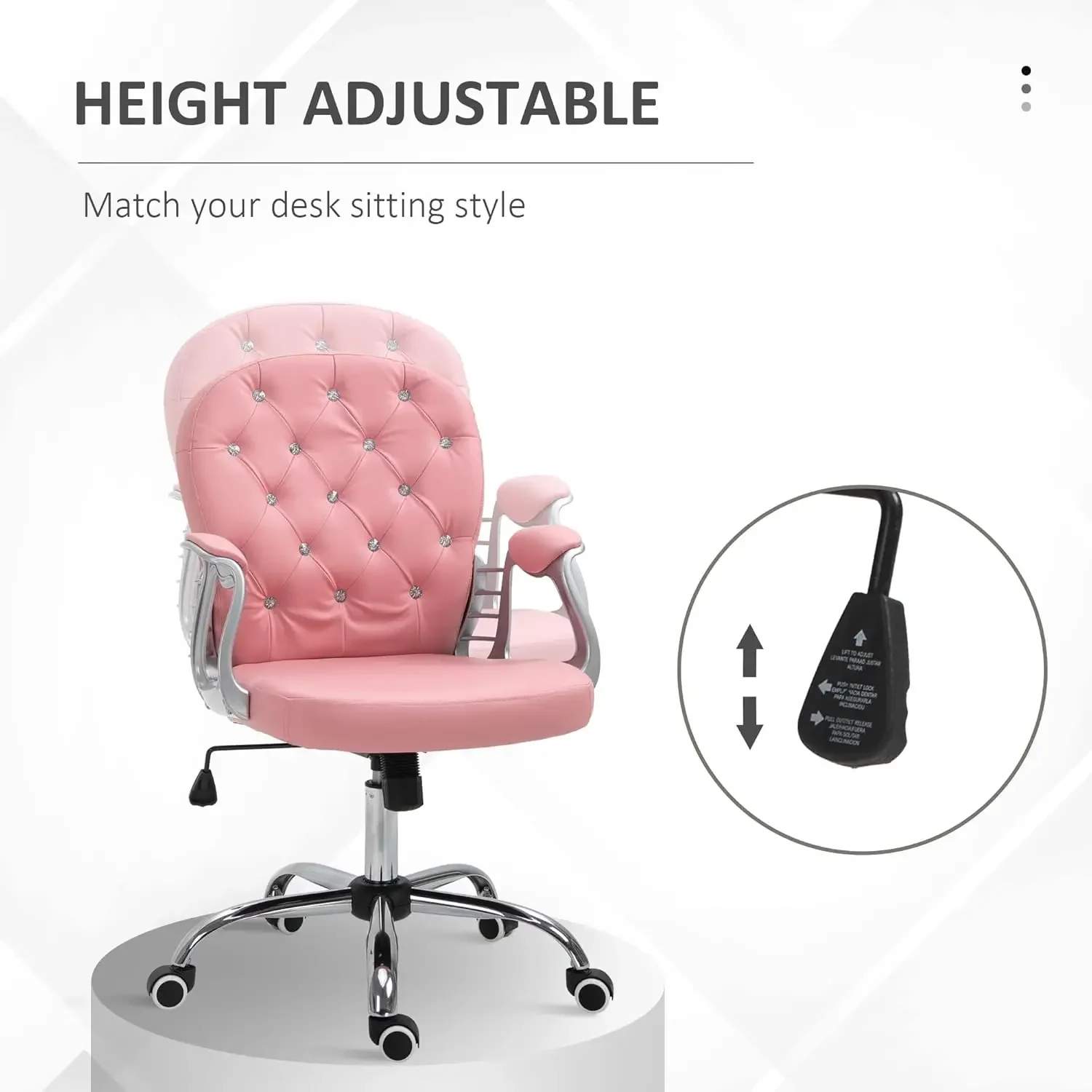 Silla de oficina en casa de cuero PU, silla de escritorio capitoné con botones y reposabrazos acolchados, altura ajustable y ruedas giratorias, rosa