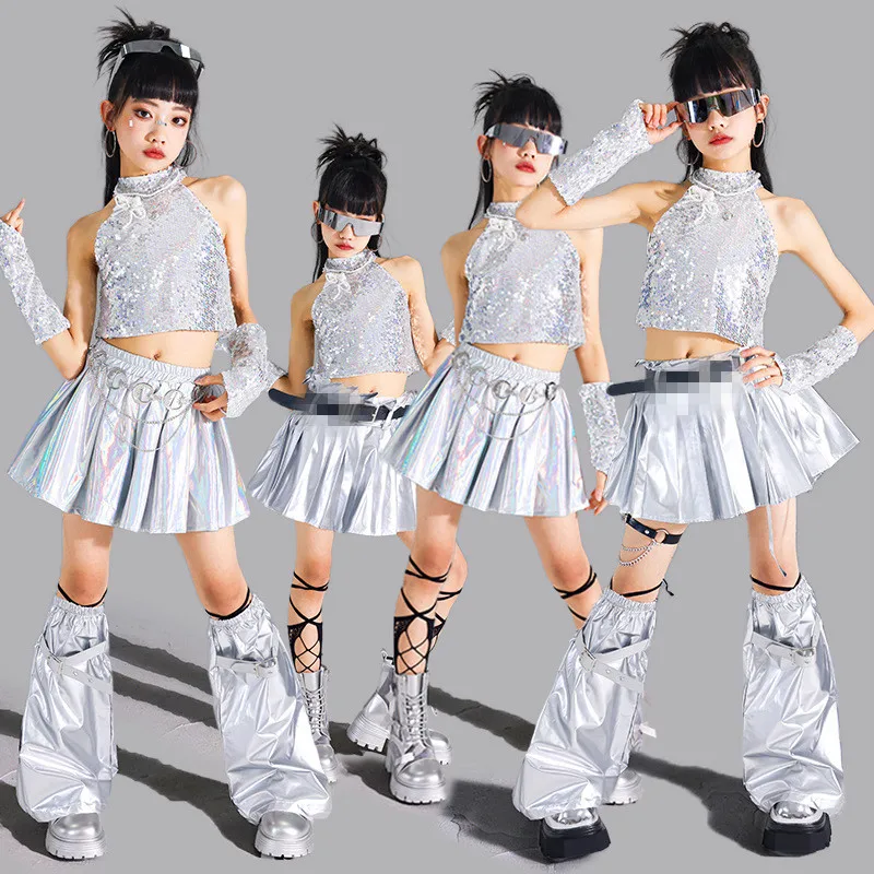 Hip Hop Girls Sequin Silver Crop Top Shiny Pleated Skirt Kids K-pop Streetwear Children Jazz Girl Group Street Dance Clothes Set