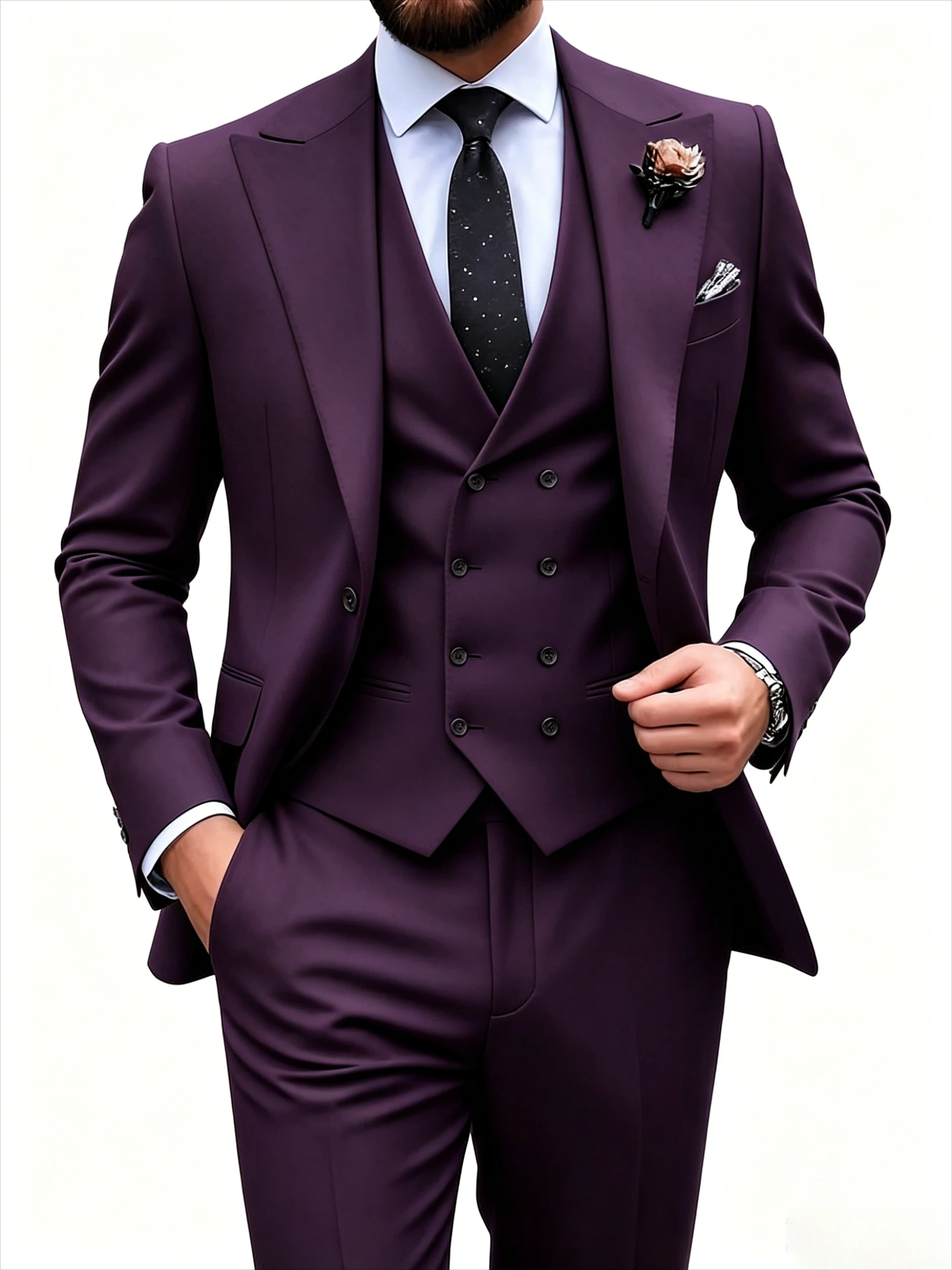 3pcs Men's Elegant Formal Suit Set Solid Color Slim Fit Wedding Suit With Double Breasted Vest Formal Business Suit For Party