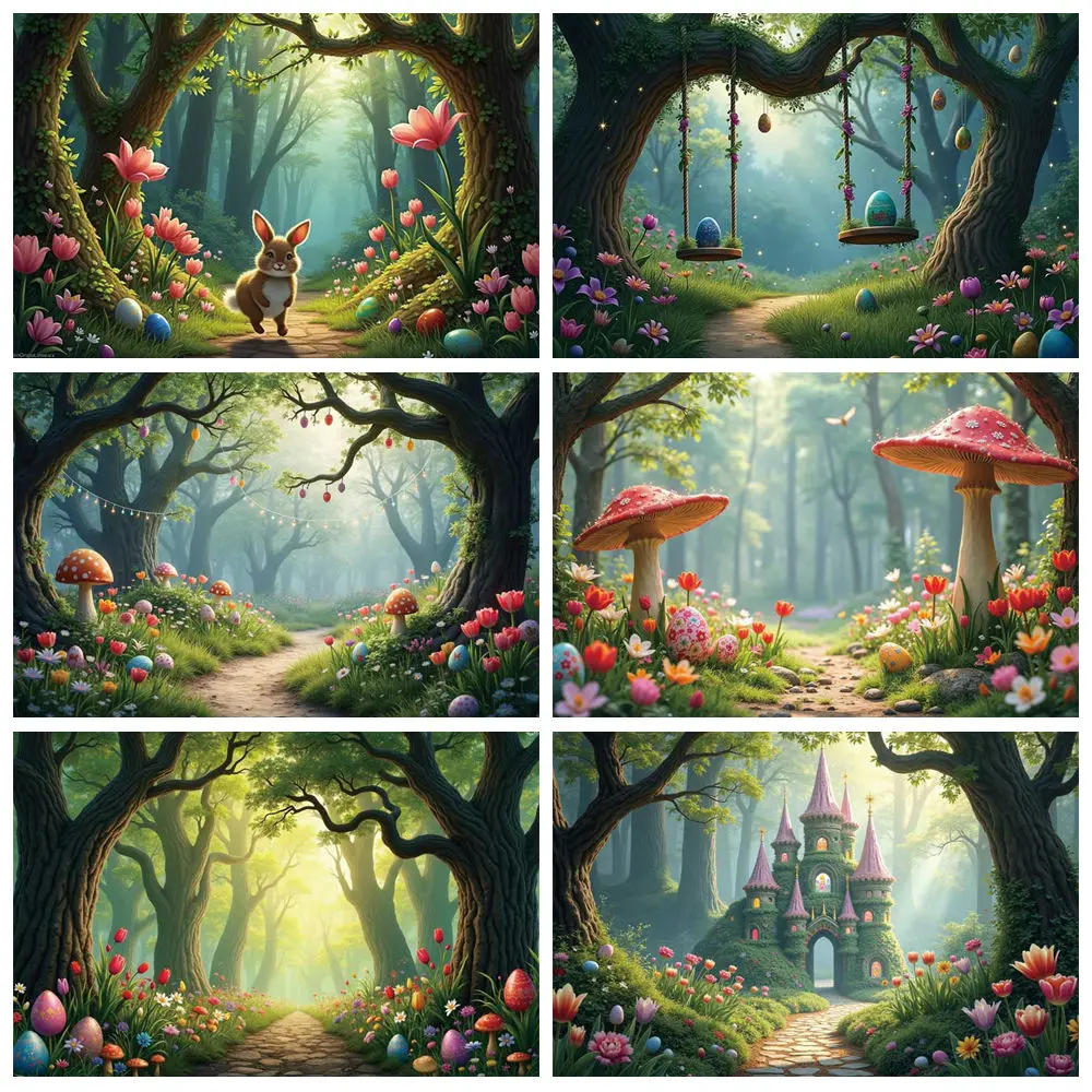 

Spring Easter Decoration Background Photography Bunny Forest Castle Photocall Backdrop Child Studio Photobooth Supplies