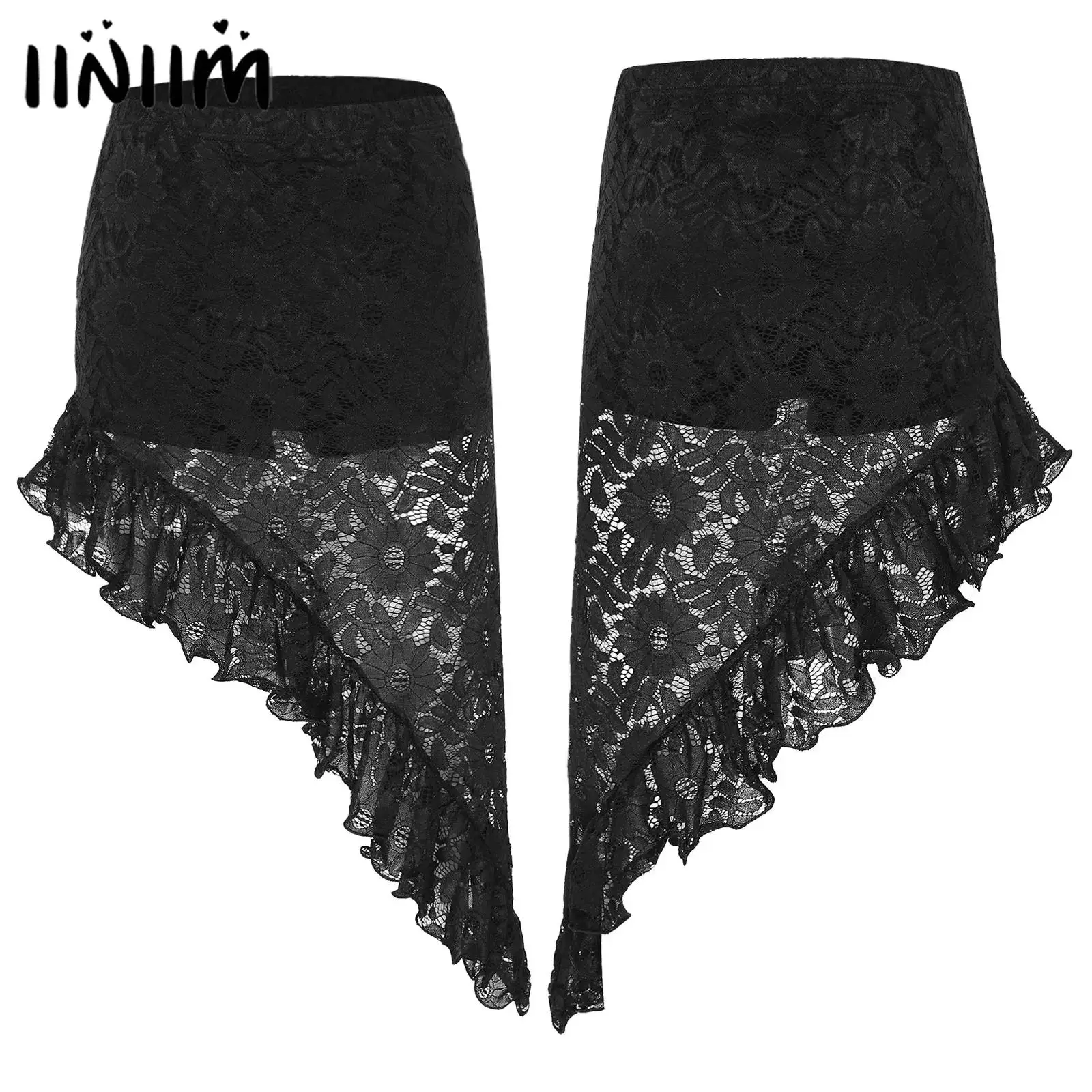 

Women Floral Lace Splice Miniskirt Irregular Hem Rumba Tango Cha-Cha Latin Dance Competition Costumes Skirt with Built-In Shorts