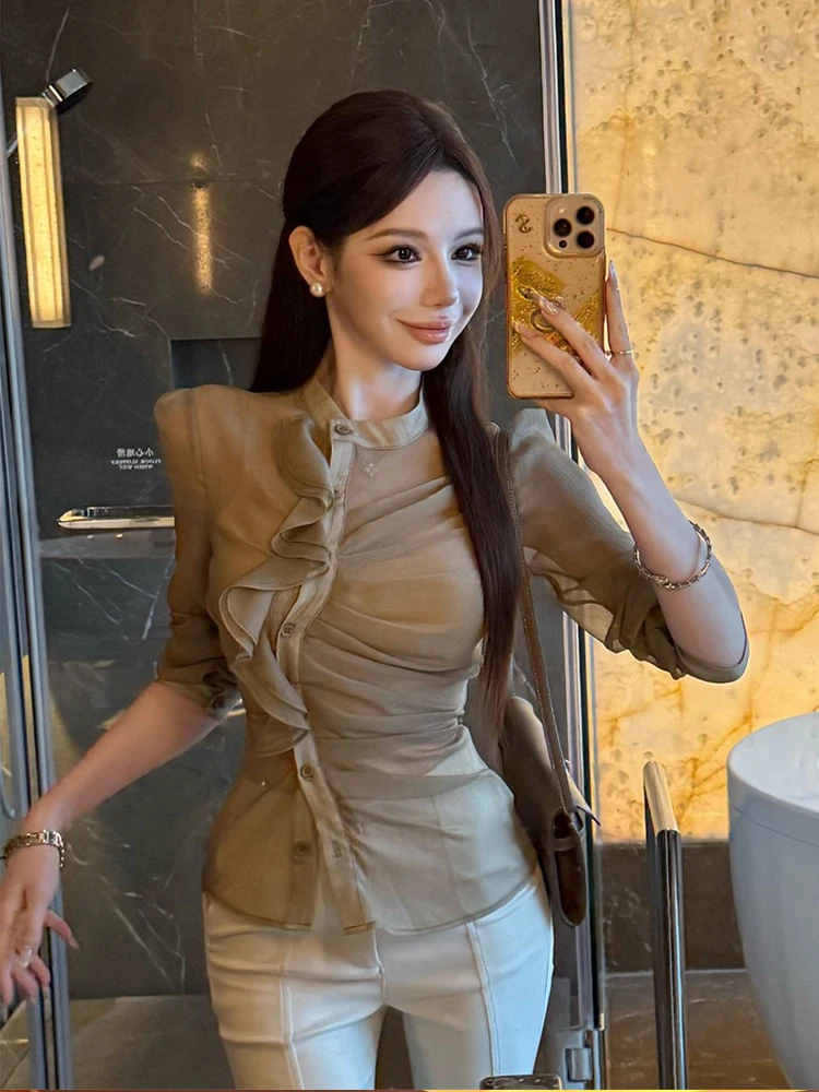 

Женская блузка SYJ Vintage Elegance с деревянным узором, осенняя, с завышенной талией, асимметричная, приятная к телу, дышащая