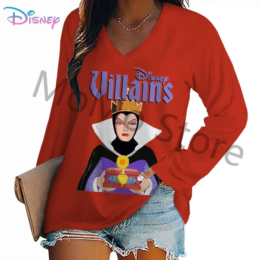 Disney Evil Queen Women's Long Sleeve T-shirts V Neck Streetwear New High Quality Autumn Clothes Fashion Lovely Top Leisure Y2k