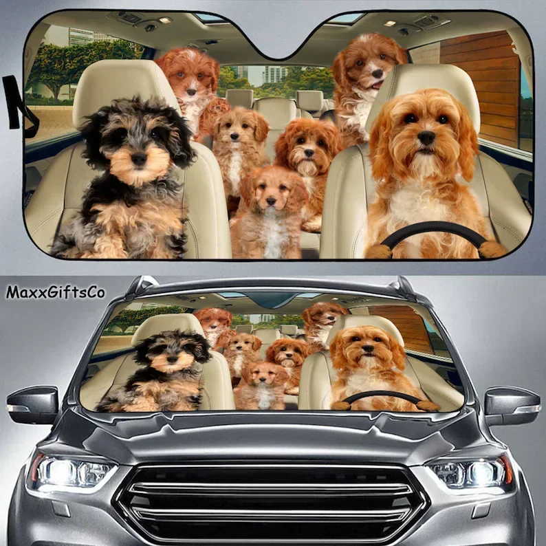 Cavapoo Car Sun Shade, Cavapoo Windshield, Dogs Family Sunshade, Dogs Car Accessories, Car Decoration, Gift For Dad, Mom