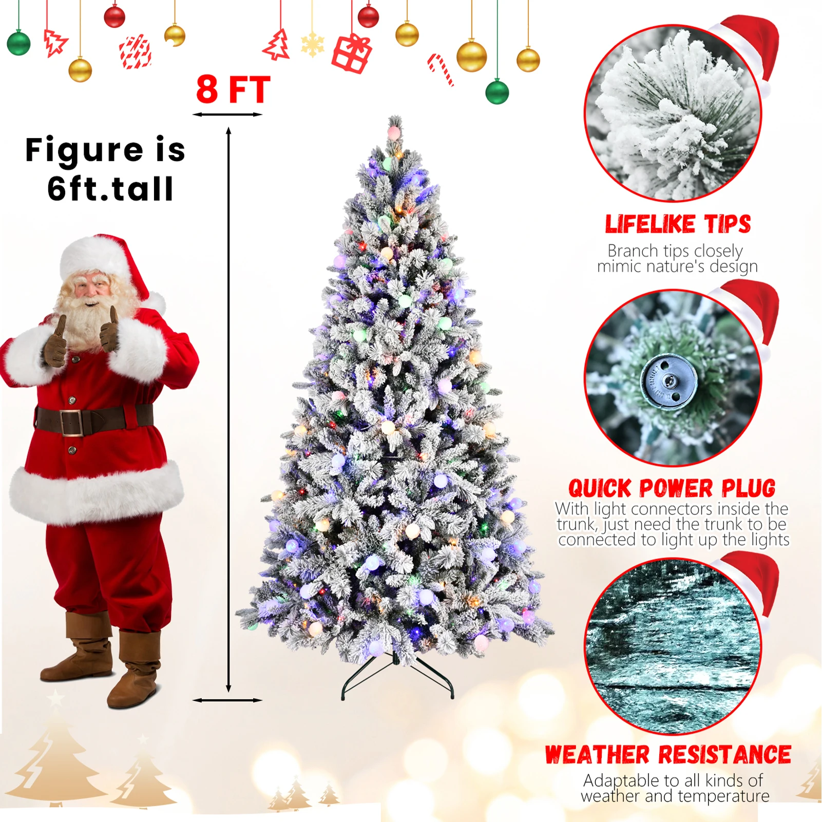 PE/PVC Artificial Christmas Tree 7.5 / 8 FT with Pine Needles and Balls Decor 400LEDs Double Color String Light 1523 Branch Tips