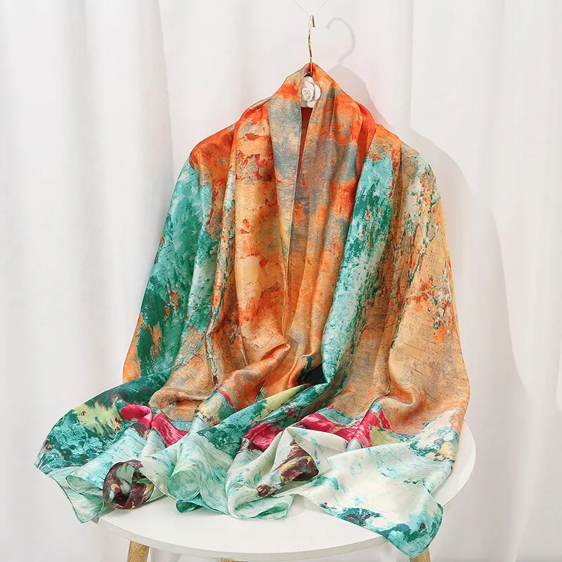 Tensili Brocade Satin Scarf Printed Silk Shawls Summer Women\'S Sun Protection Cape Luxury Pashmina180*90cm