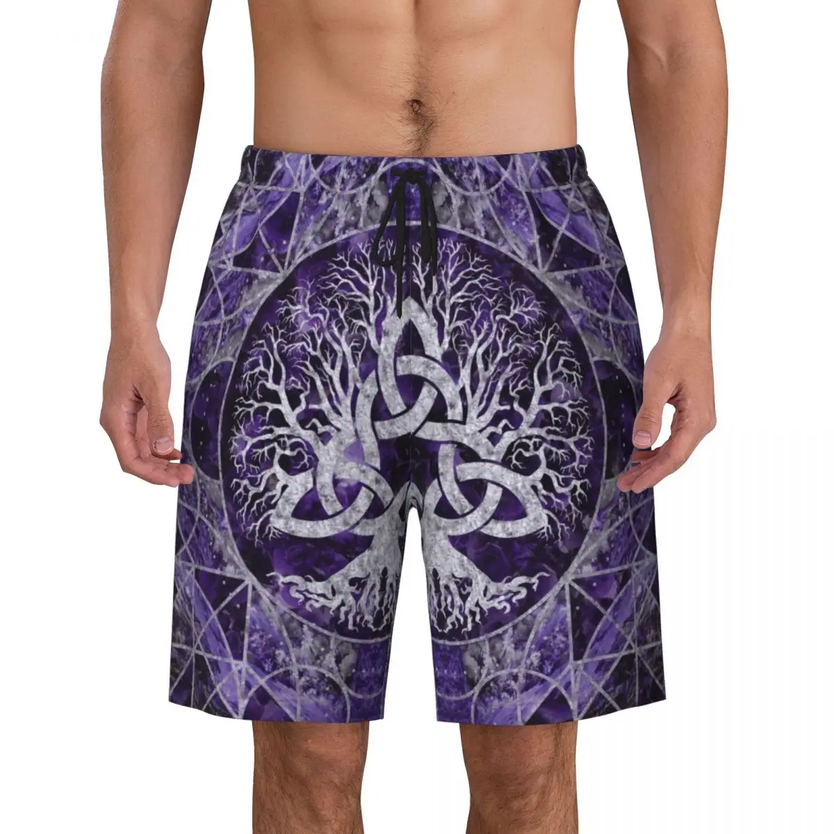 Tree Of Life With Triquetra Print Men's Swim Trunks Quick Dry Beachwear Beach Board Shorts Viking Norse Yggdrasil Boardshorts