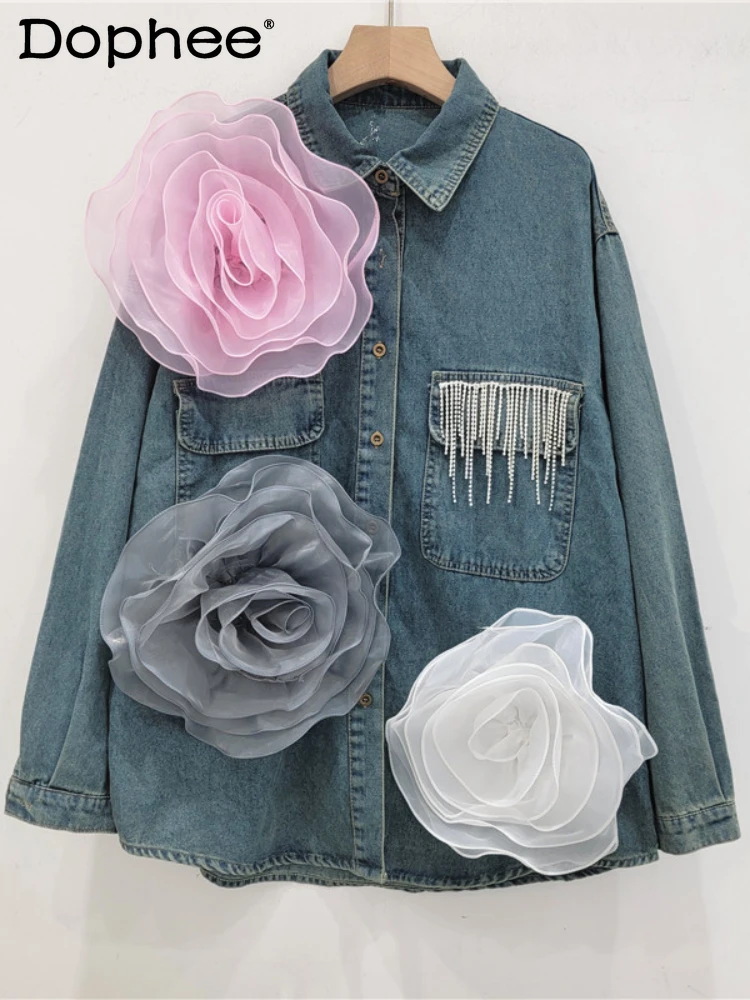 

Chic Three-Dimensional Large Flower Denim Shirt Women's Street Style Pocket Tassels Loose-Fitting Long Sleeve Polo Collar Shirt