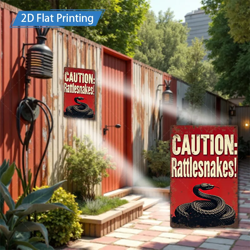 [2D FLAT] 1 قطعة علامة معدنية، 8 × 12 بوصة علامة تحذير أفعى الجرسية ديكور جدران فني معدني عتيق
