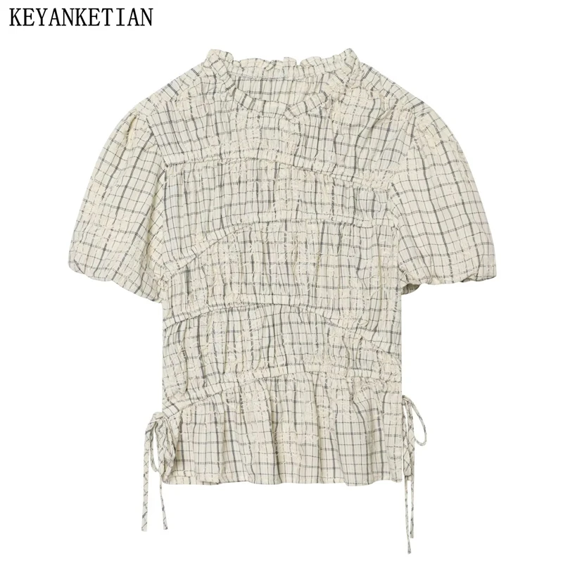 

KEYANKETIAN 2026 Summer New Woman Romantic Plaid Ruffle Neck Blouse Ruched Drawstring Waist Puff Sleeve Casual Pullover Top