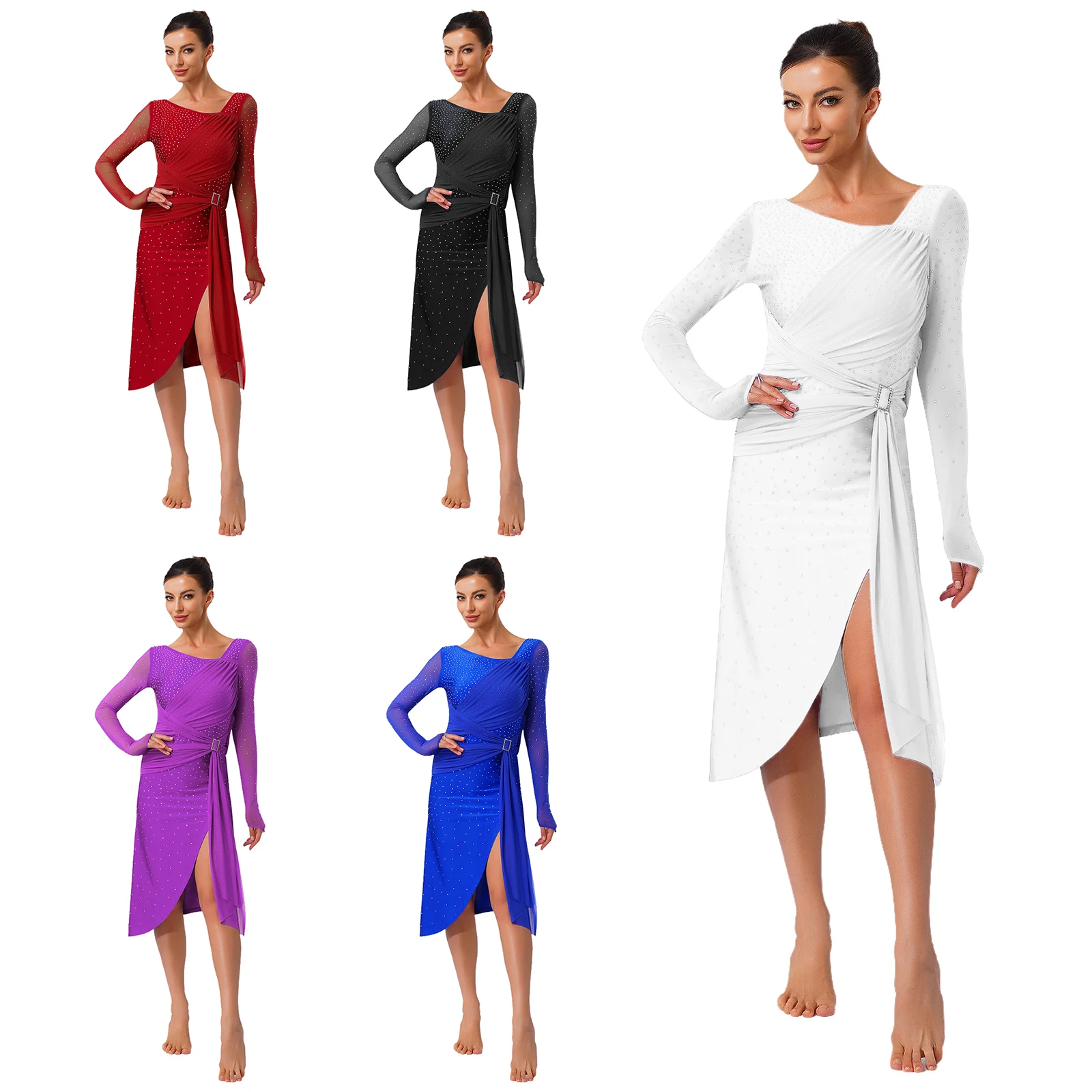 Abito da ballo latino da donna Bachata con strass impreziosito da cintura increspata con paillettes divise Abito latino Ginnastica Sala da ballo moderna Dancewear