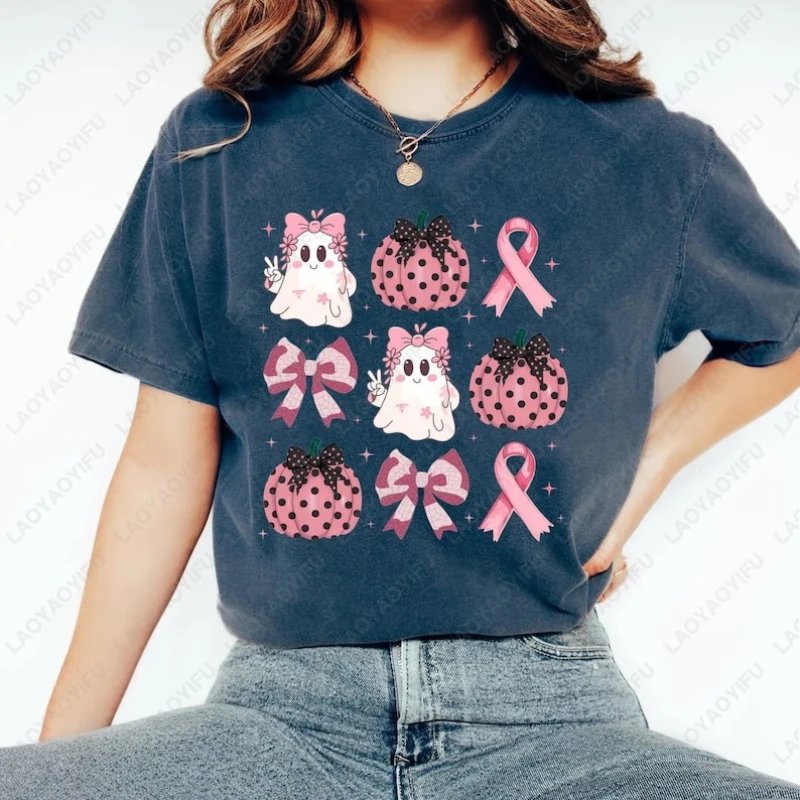 

In October We Wear Pink Ghost Ribbon Pumpkin Tees Halloween Breast Cancer Clothing Men Women Cotton Harajuku Cute Casual Tshirt