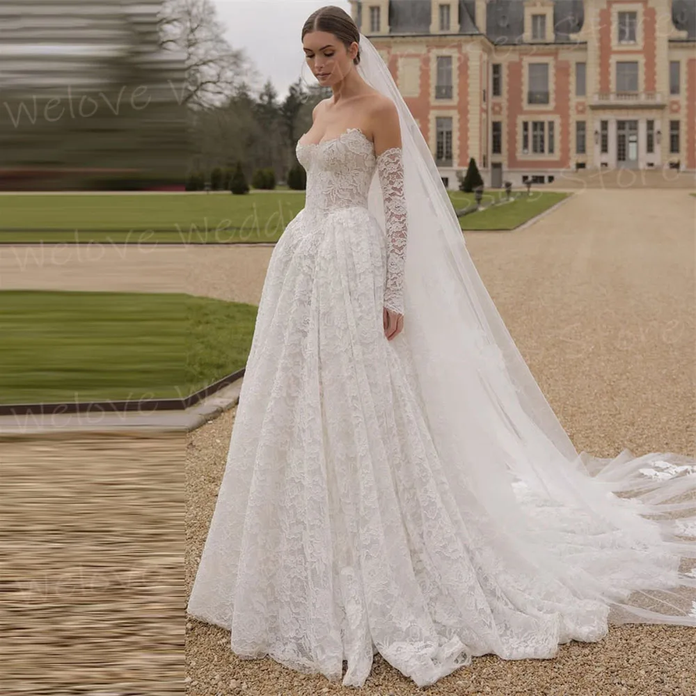 Luxurious A Line Women's Wedding Dresses Backless Lace Vestidos De Novias De Boda Customized Bride Gowns Long Sleeve Vestidos