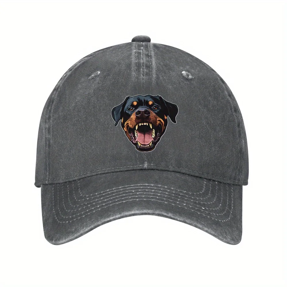 

1pc Rottweiler Dog Head Baseball Cap - Fierce Open-Mouth Graphic, 100% Denim, Adjustable Vintage Washed