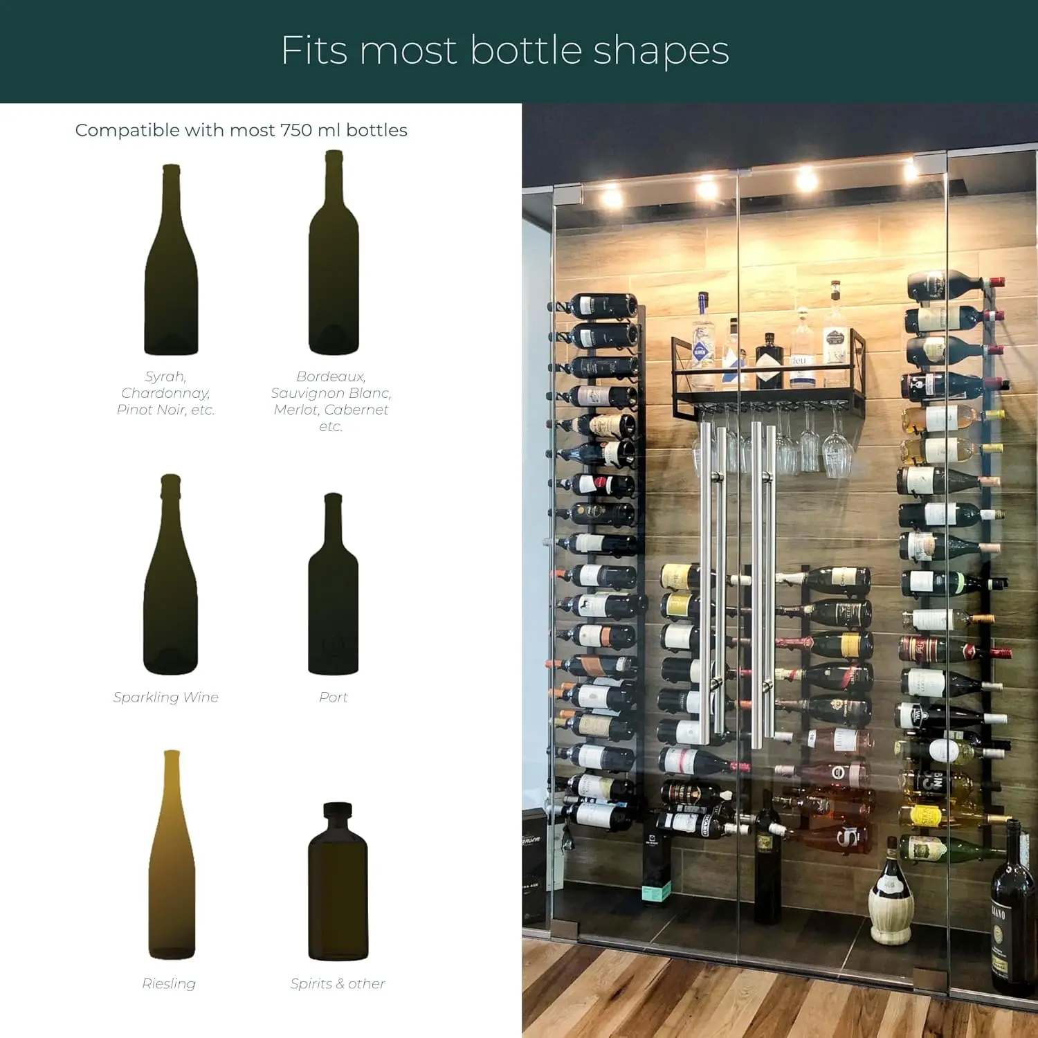 9-Bottle Wall Mounted Wine Rack with Label View - Steel Satin Finish Storage