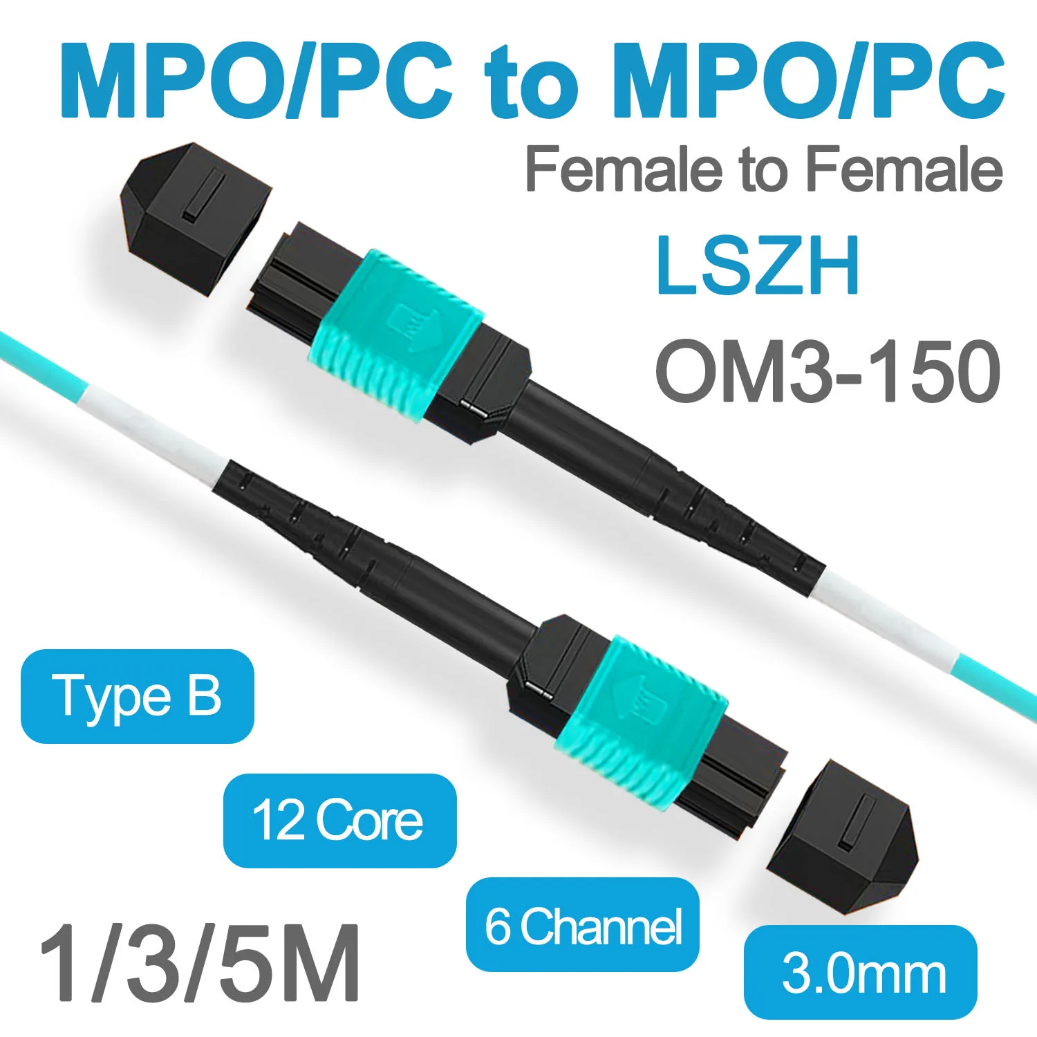 OM3 MPO Fiber Optic Patch Cable,12 Core 6 Channel Type B, Multi-Mode PC Jumper, Female to Female,  LSZH 3.0mm