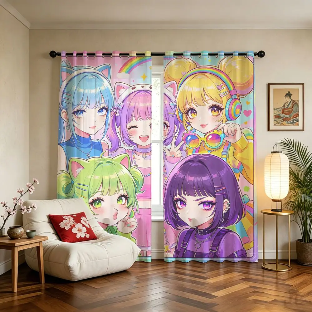 5pcs Anime Girls Picnic Printed Curtains Colorful Cat Ears Rainbow Light Blocking Curtains for Bedroom Living Room Window Home D