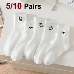 5/10 Pairs Women White Cartoon Socks Trendy Versatile Expression Socks Simple Design Soft Breathable Comfortable Casual Socks
