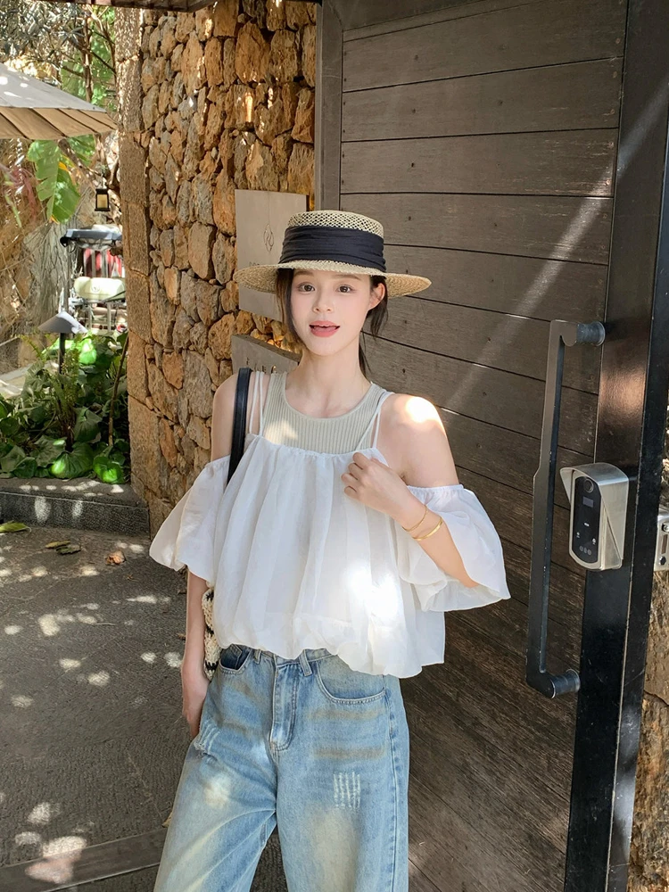 

Sweet Blossom Chiffon Halter Shirt Women's Stylish Elegant Top Trendy Short Sleeve Polyester Fiber Pure Color Summer Design