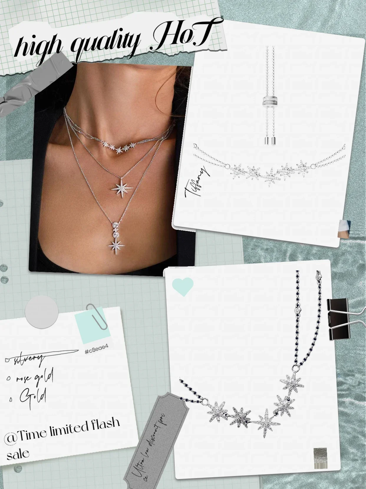 

Pure silver S925 necklace with diamonds and multiple shooting stars, double layered noble women's couple limited edition